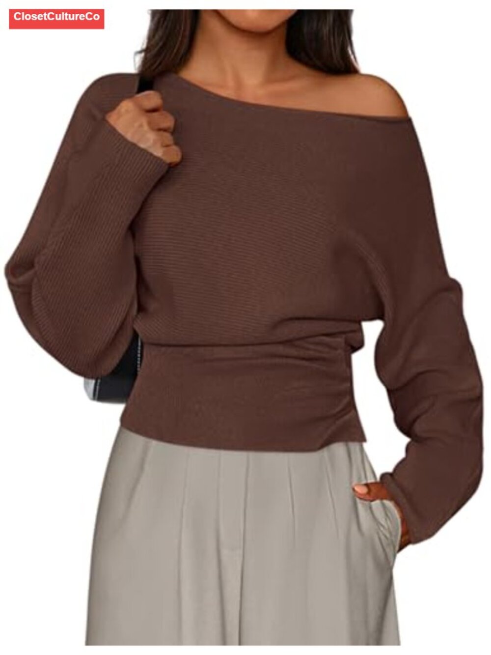 Off Shoulder Ribbed Knit Sweater Pullover Long Sleeve Boat Neck
